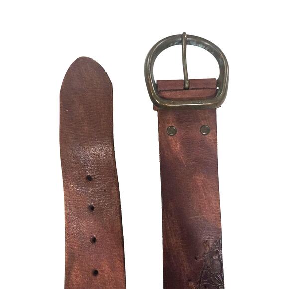 Y2K Abercrombie Floral Tooled Leather Belt Boho Western Whipstitch Brown S